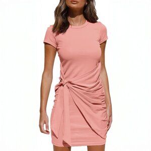 fashion // bubblegum pink tie waist ruched t shirt short sleeve dress S